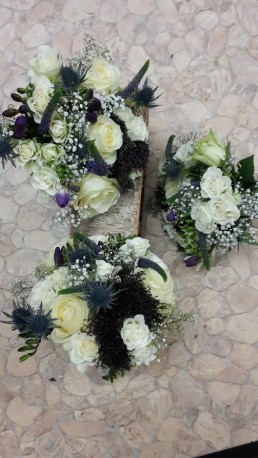 Cream Roses and Blue Thistle Posy